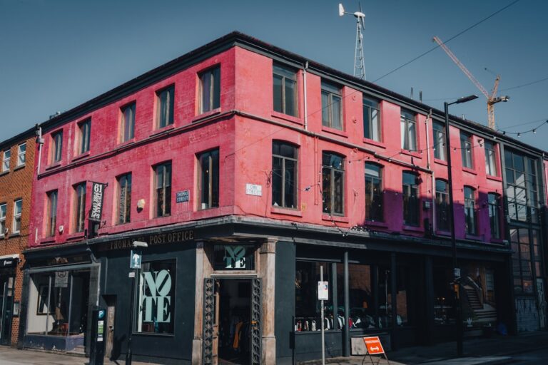 A street in Manchester city centre lined with cafes and restaurants